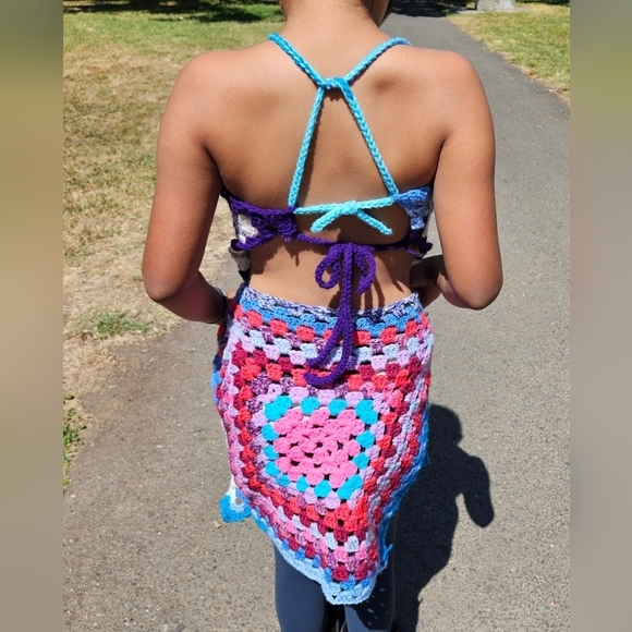 Hand Crafted crochet halter top split dress open back swim coverup multicolored - Picture 16 of 17